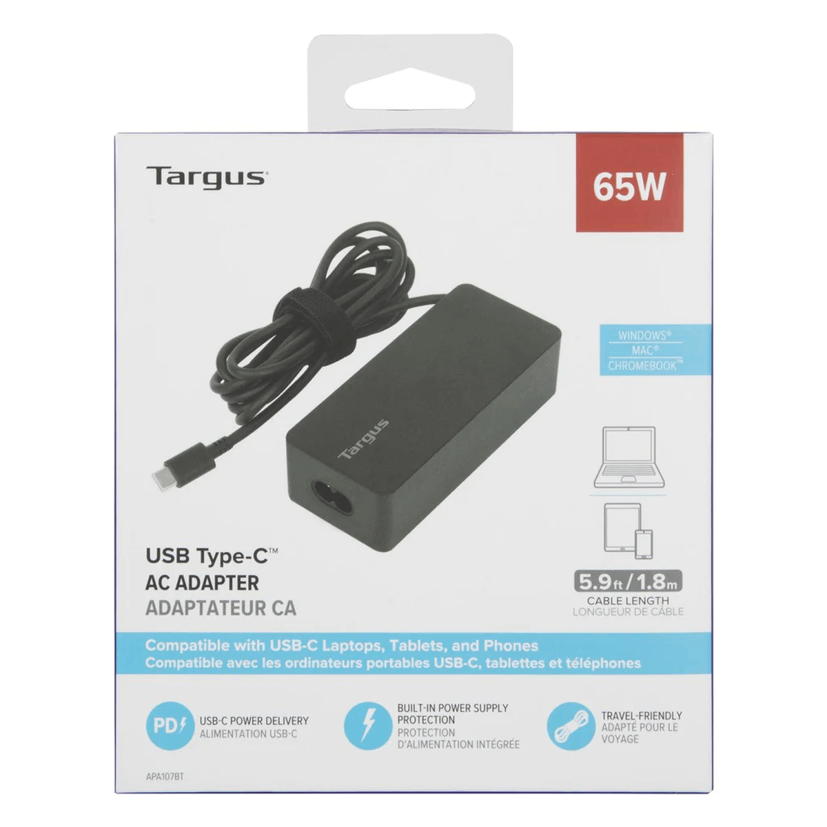 Caja del adaptador de CA USB-C Targus. Es blanca con un adaptador negro y un cable negro dentro.