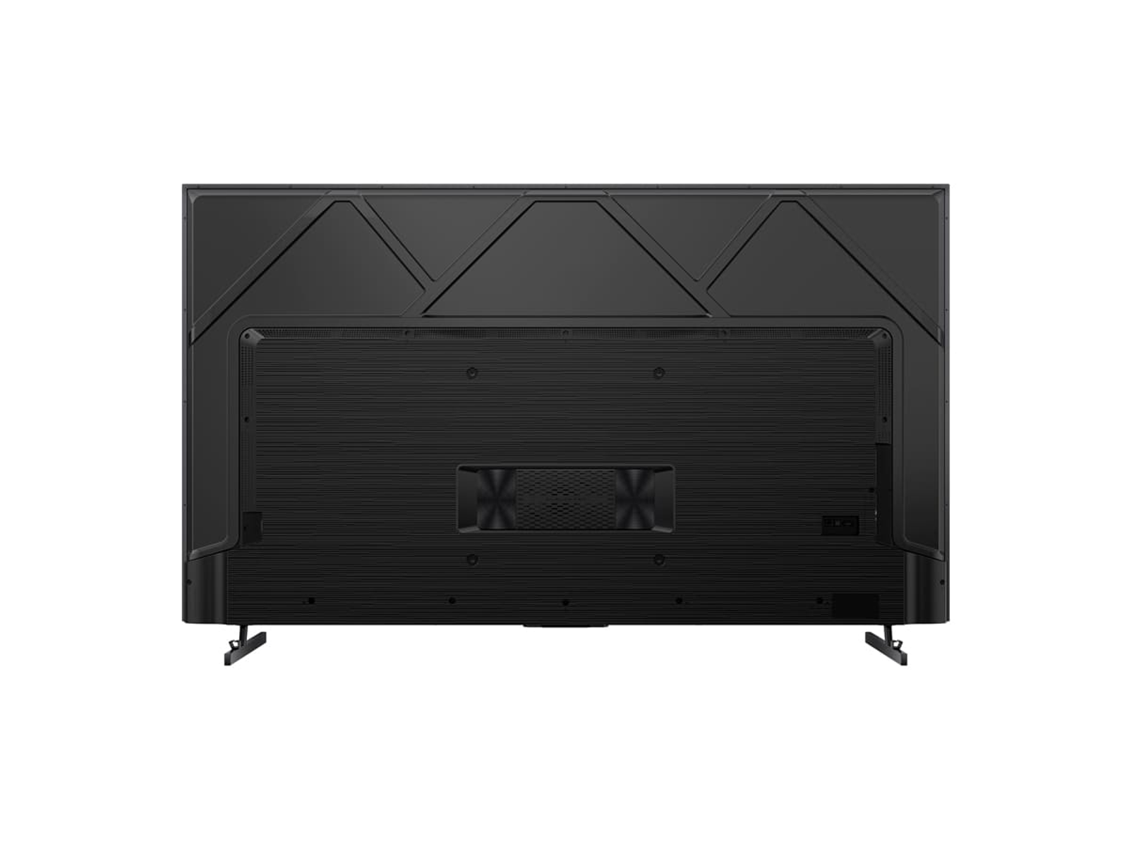 Rückseite eines schwarzen Fernsehers mit schwarzem Ständer. Der Fernseher steht vor weißem Hintergrund. Er hat verschiedene Anschlüsse.