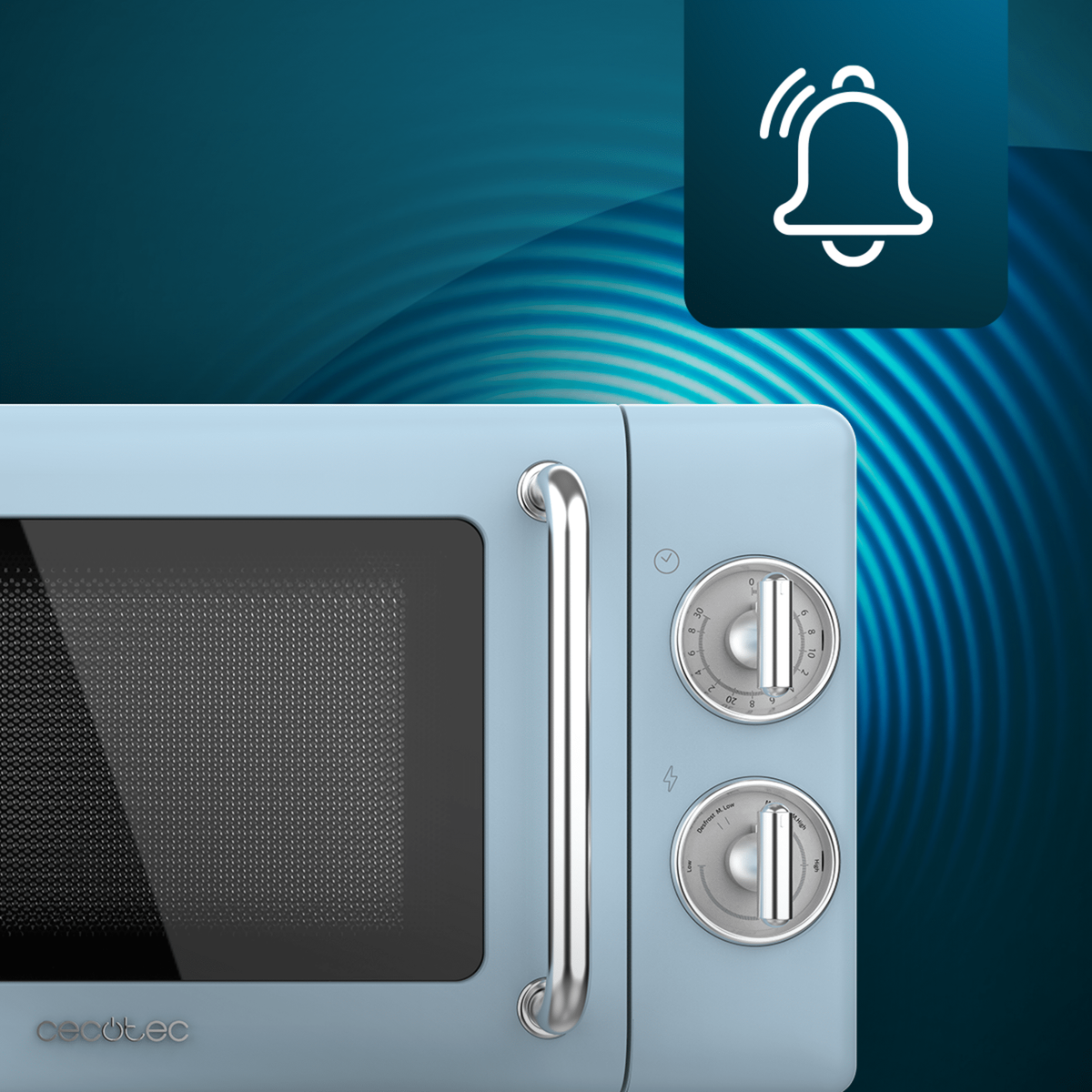 Jasnoniebieska kuchenka mikrofalowa. Pokrętła timera i mocy. Ikona dzwonka w tle.