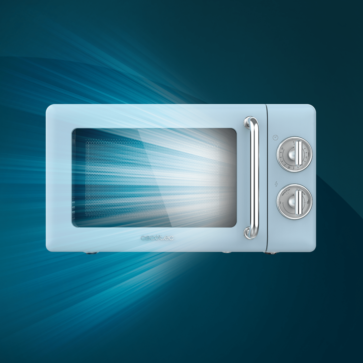 Niebieska kuchenka mikrofalowa z uchwytem i pokrętłami. Światło świeci w środku.