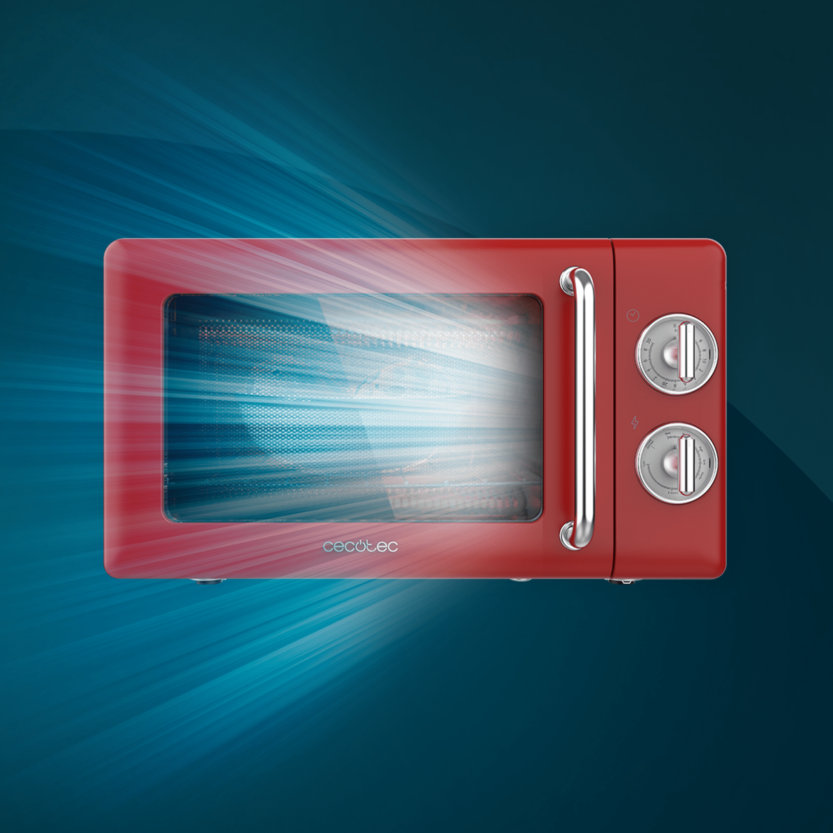 Czerwona kuchenka mikrofalowa z otwartymi drzwiami emitującymi promienie światła. Tło to ciemnoniebieski gradient.