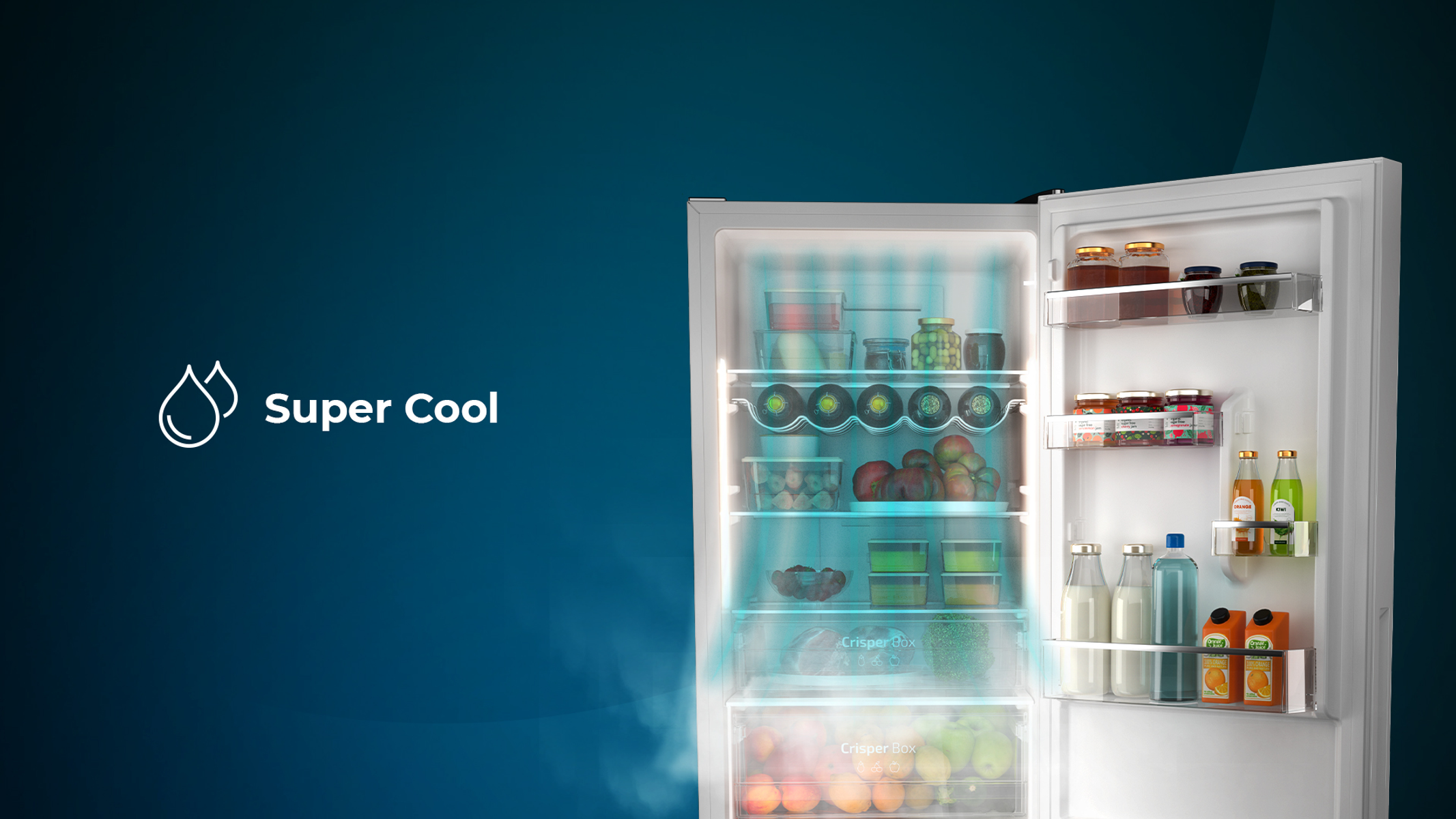 Interior de frigorífico con texto 'Super Cool' y efecto de iluminación azul. Estantes con alimentos y bebidas.