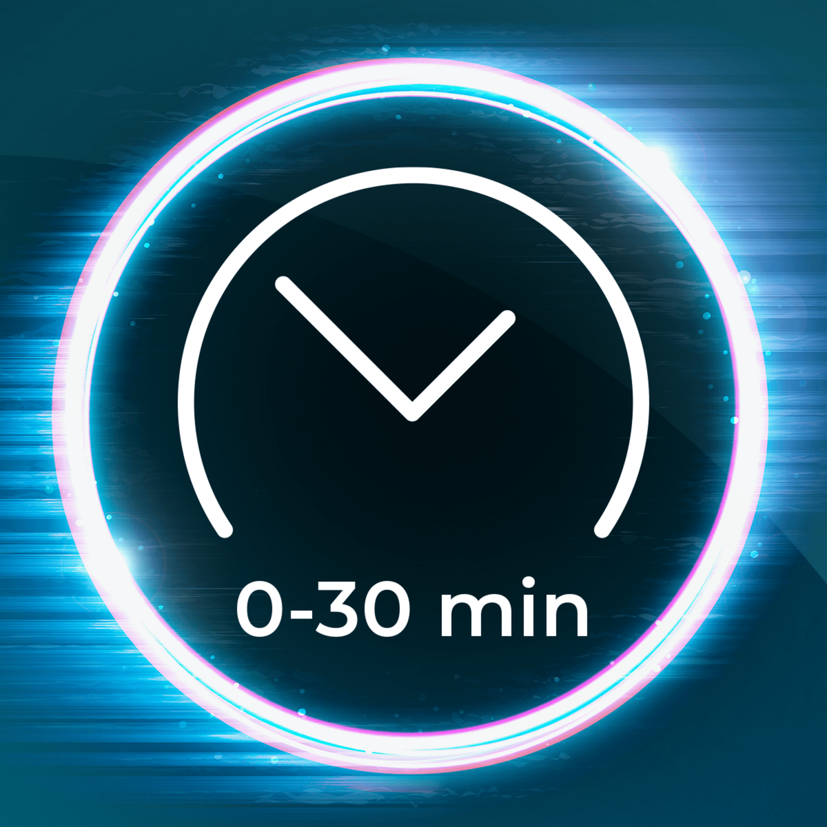 Grafika zegara z neonowym obrysem i tekstem wskazującym zakres czasu 0-30 minut.