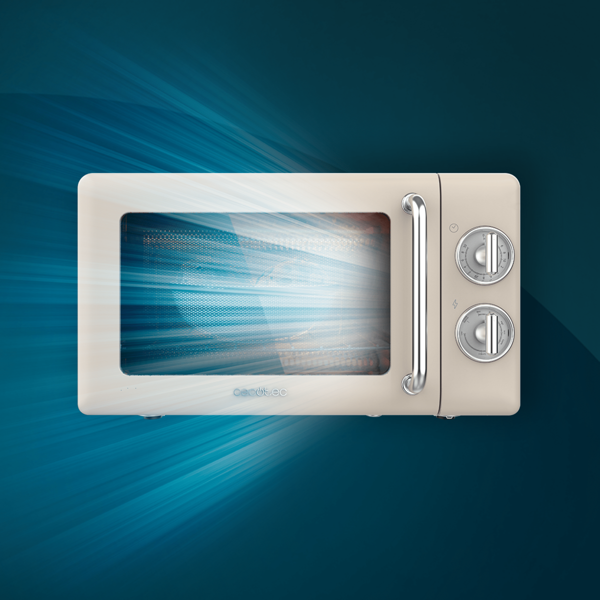Kuchenka mikrofalowa z beżowym wykończeniem, emitująca niebieskie światło od wewnątrz na niebieskim tle.