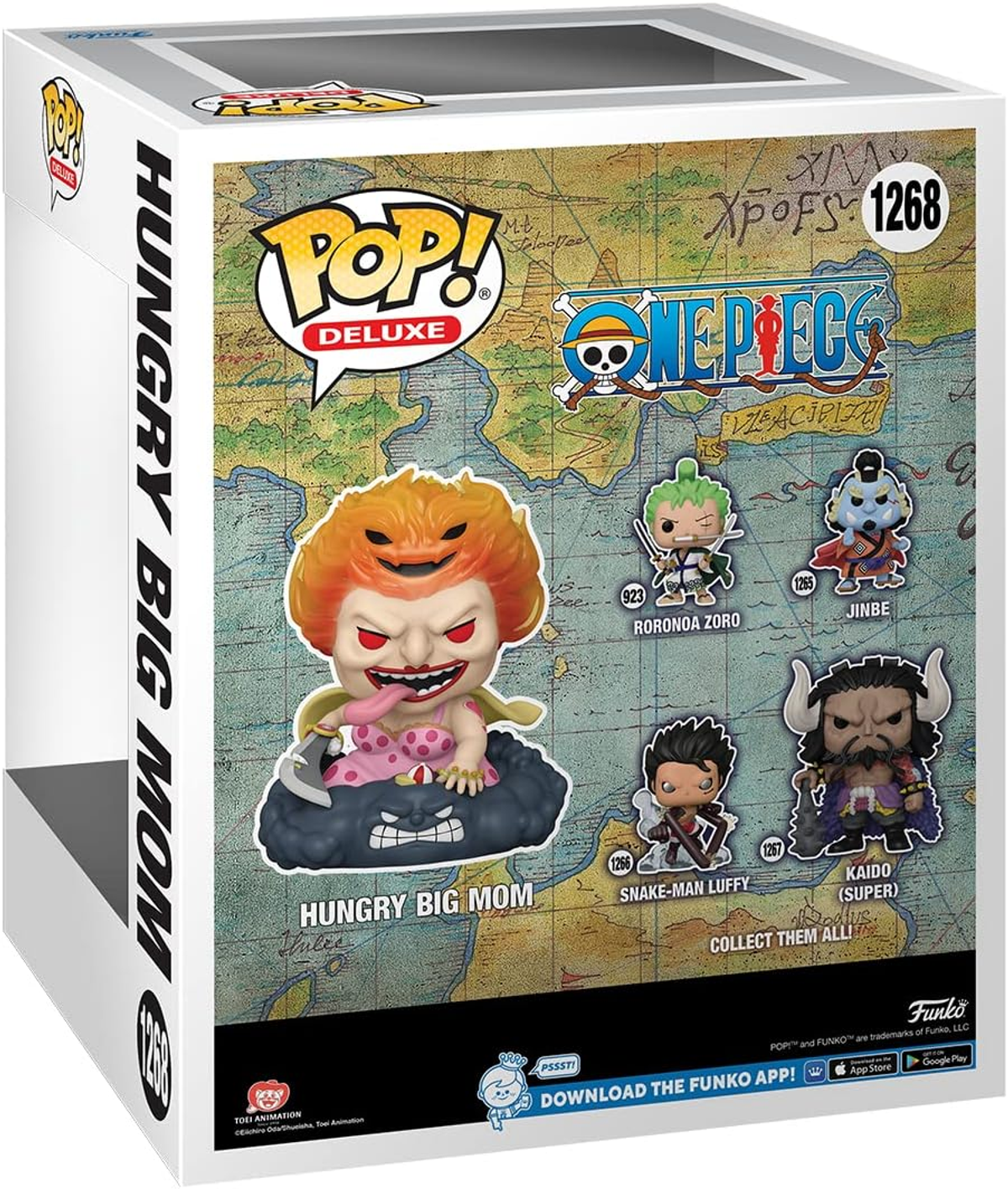 Una scatola Funko Pop con l'immagine di Hungry Big Mom di One Piece. La scatola ha il numero 1268.