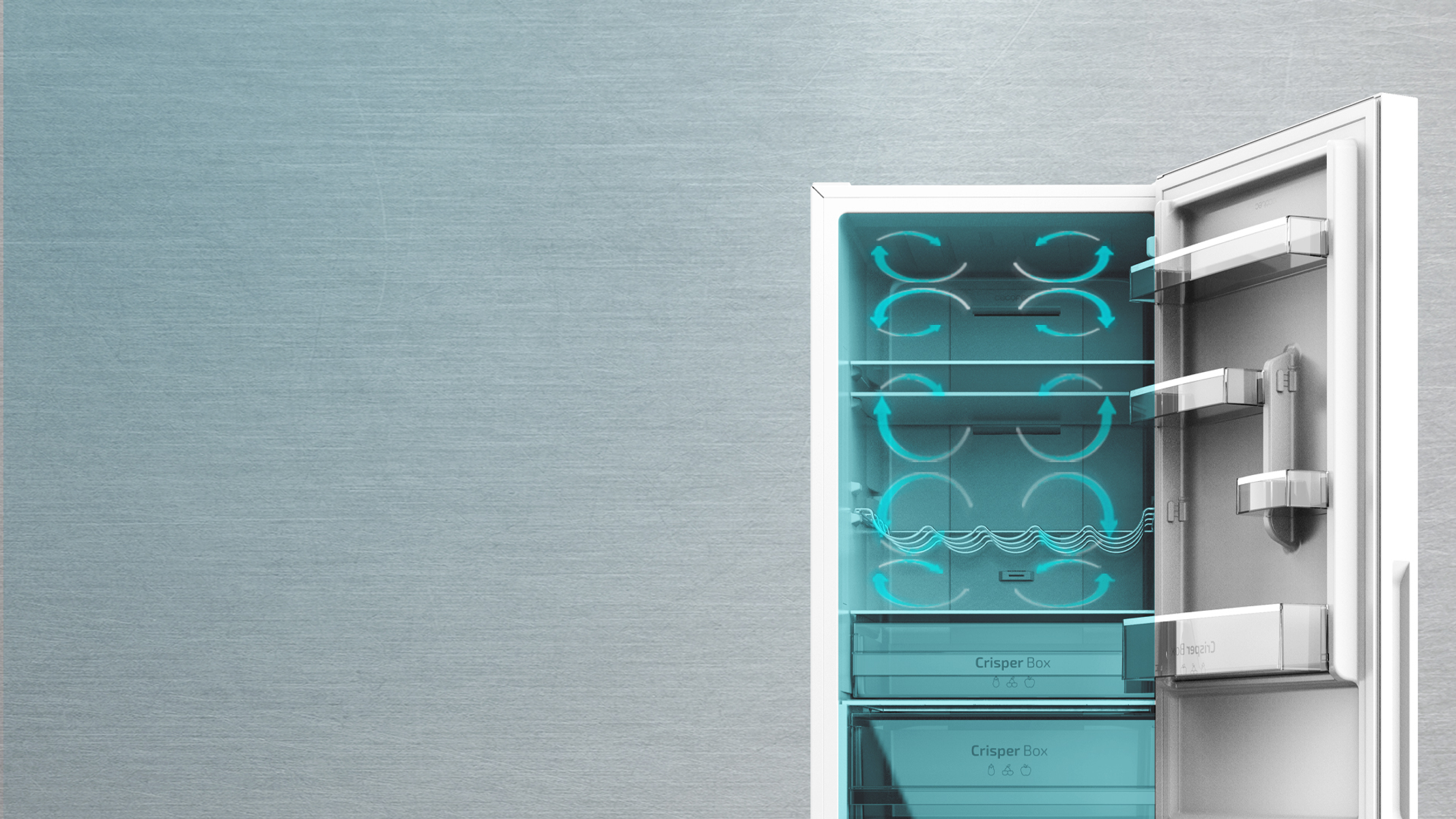 Refrigerador abierto con estantes y cajones. Flechas azules de circulación de aire visibles.