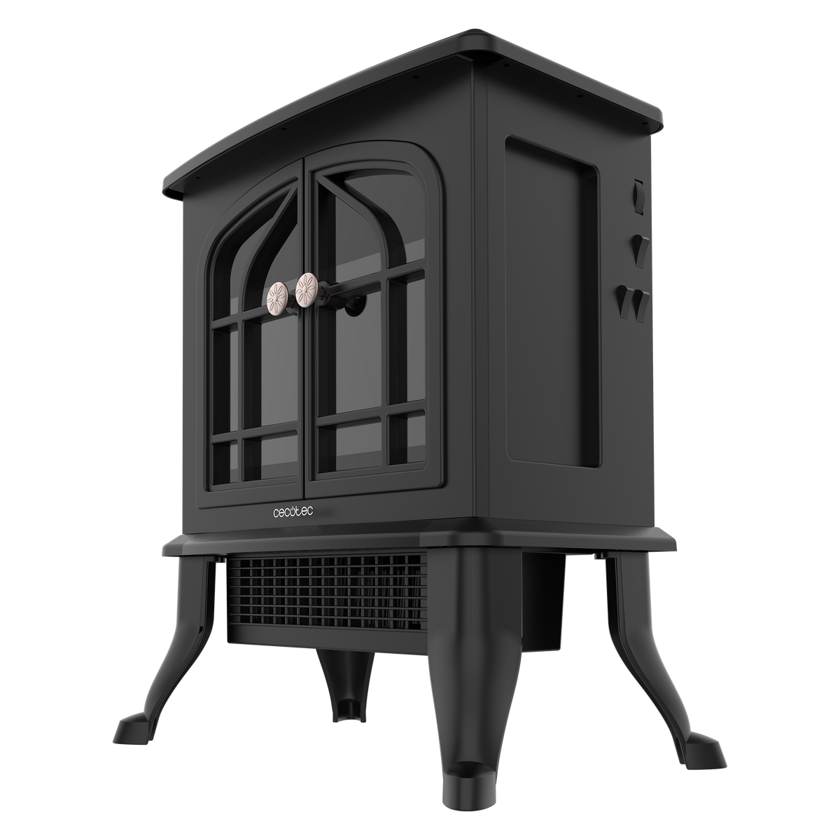 Caminetto nero con porte in vetro e dettagli decorativi. Maniglie marroni. Gambe nere. Isolato su sfondo nero.