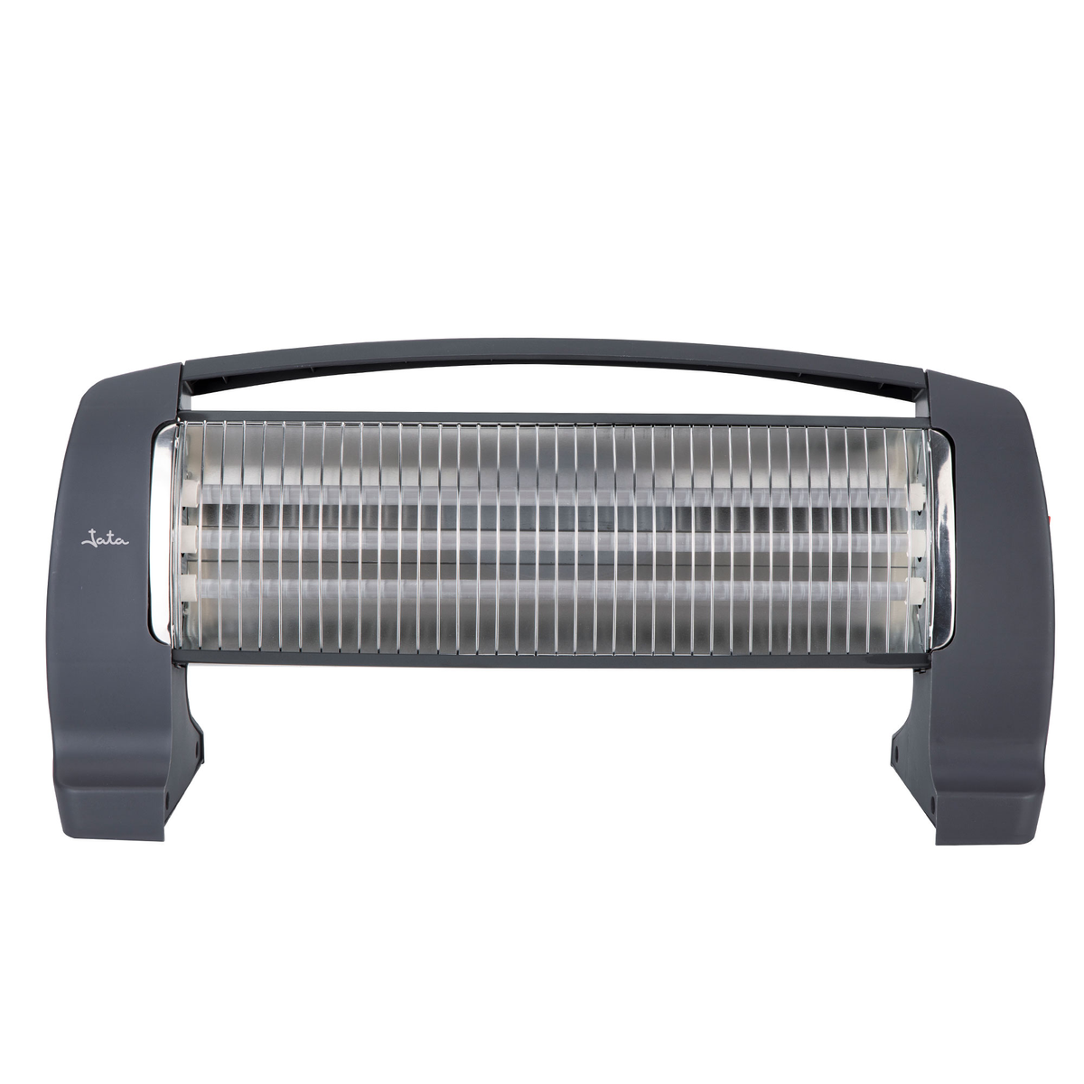 Un calefactor eléctrico gris. Tiene una asa y un elemento calefactor metálico.