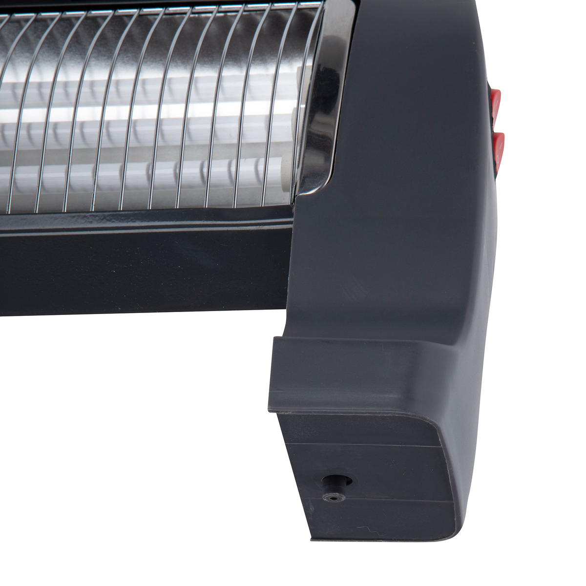 Base de calentador eléctrico negro con rejilla metálica y botones rojos.