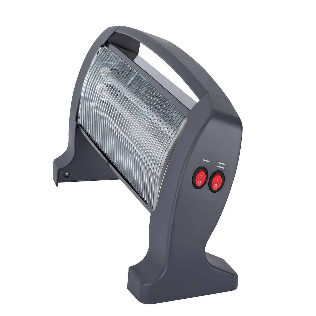 Un calefactor eléctrico gris con dos botones rojos, en ángulo, con asa.