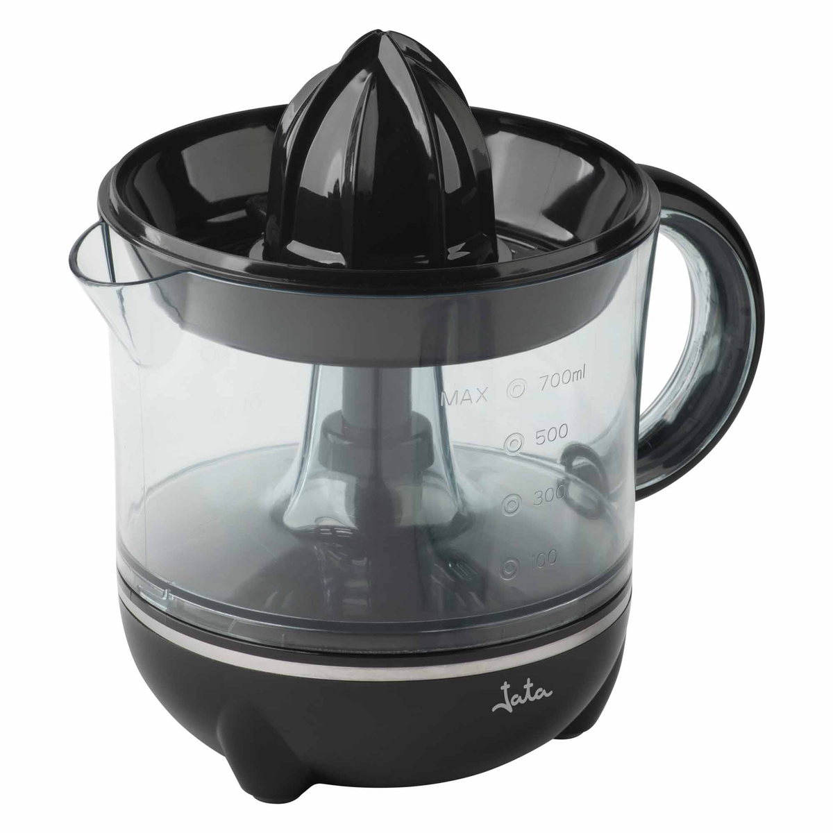 Exprimidor eléctrico de cítricos negro con recipiente transparente, tapa y boquilla negras. Logo 'Iata' visible.
