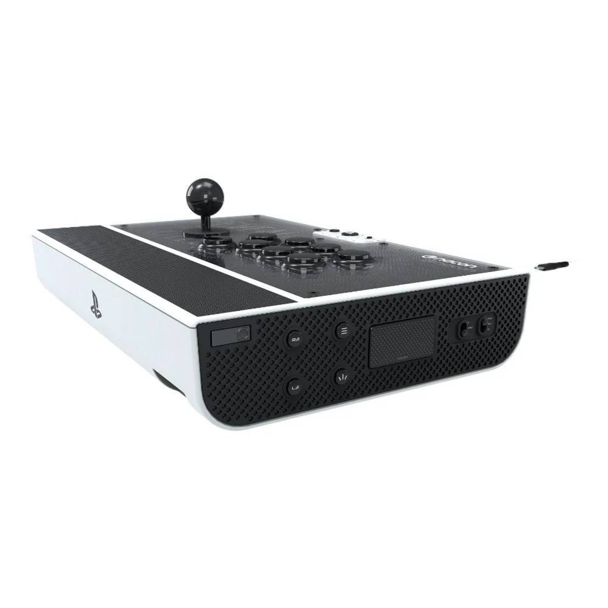 Schwarz-weißer Arcade-Stick-Controller mit Joystick und Tasten.