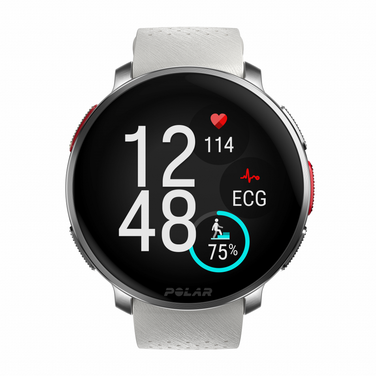 Smartwatch con cinturino bianco che mostra ora, frequenza cardiaca, ECG e livello attività.