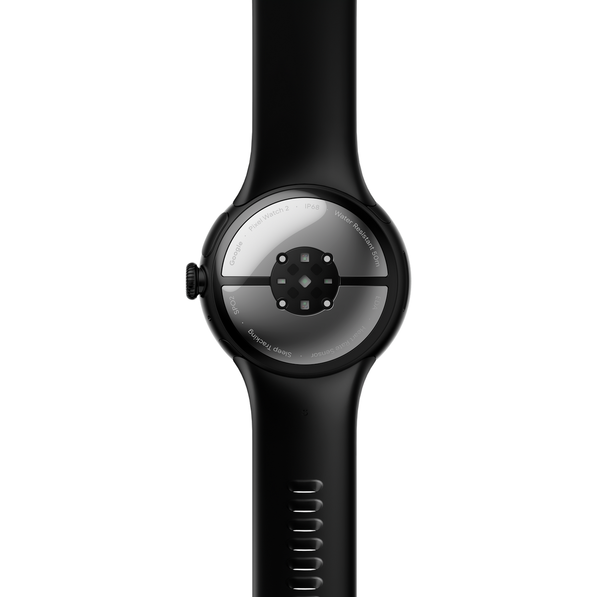 Un Pixel Watch 2 negro desde la parte trasera, mostrando los sensores y la fijación de la correa.