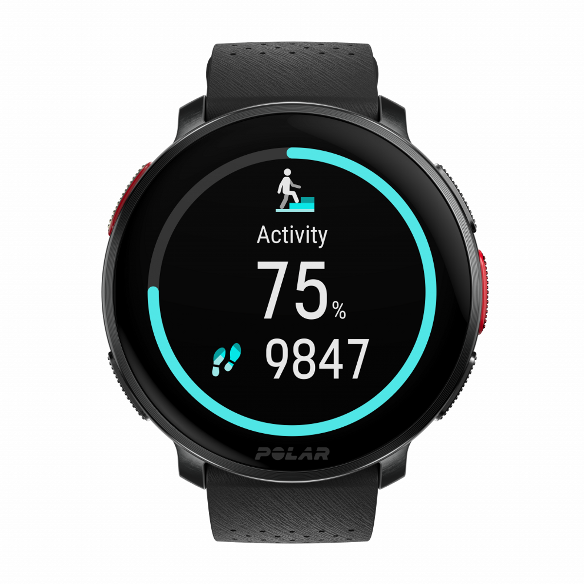 Uno smartwatch nero mostra attività al 75%, 9847 passi e un'icona di persona che cammina.
