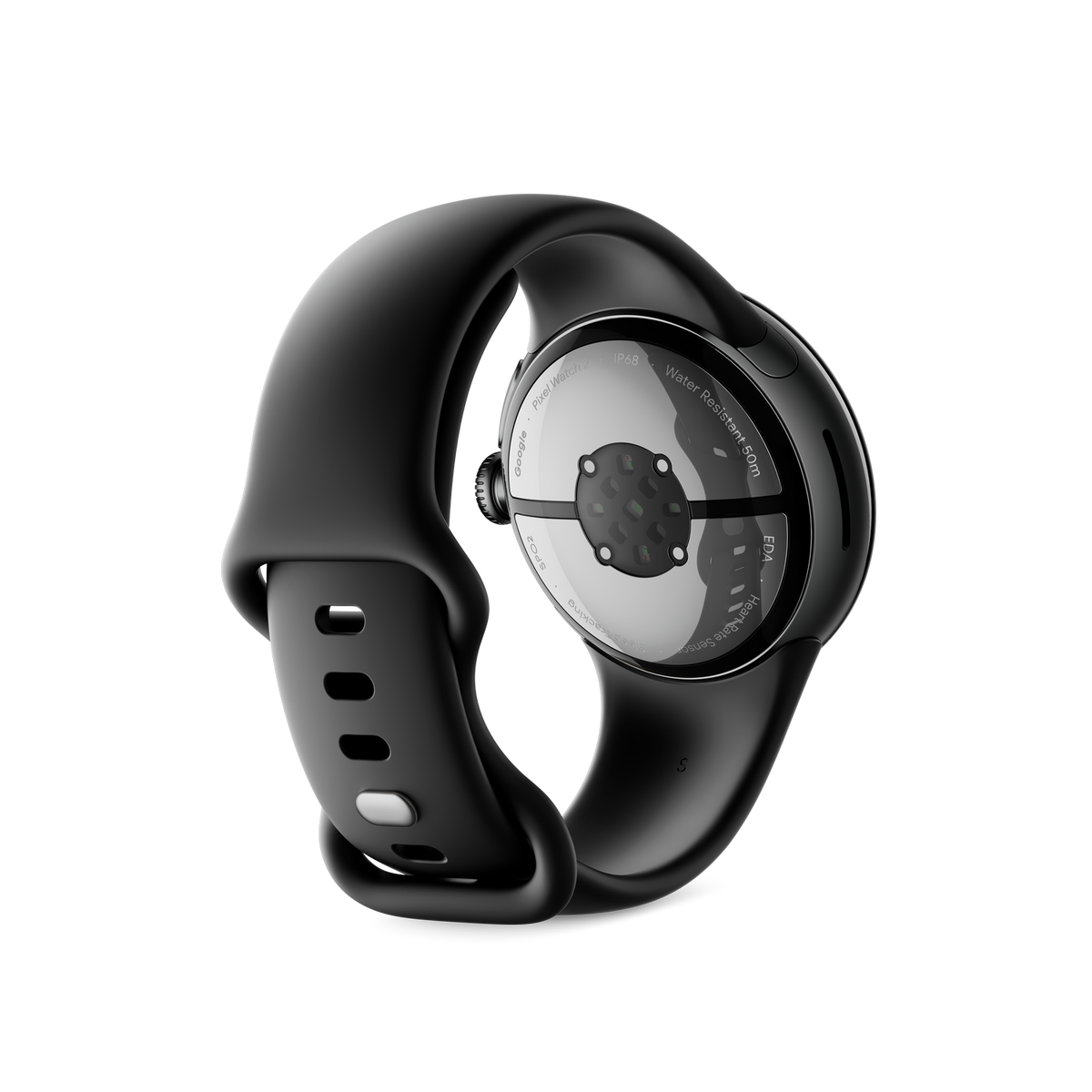 Google Pixel Watch negra con una correa curva sobre un fondo negro. La esfera del reloj es visible.