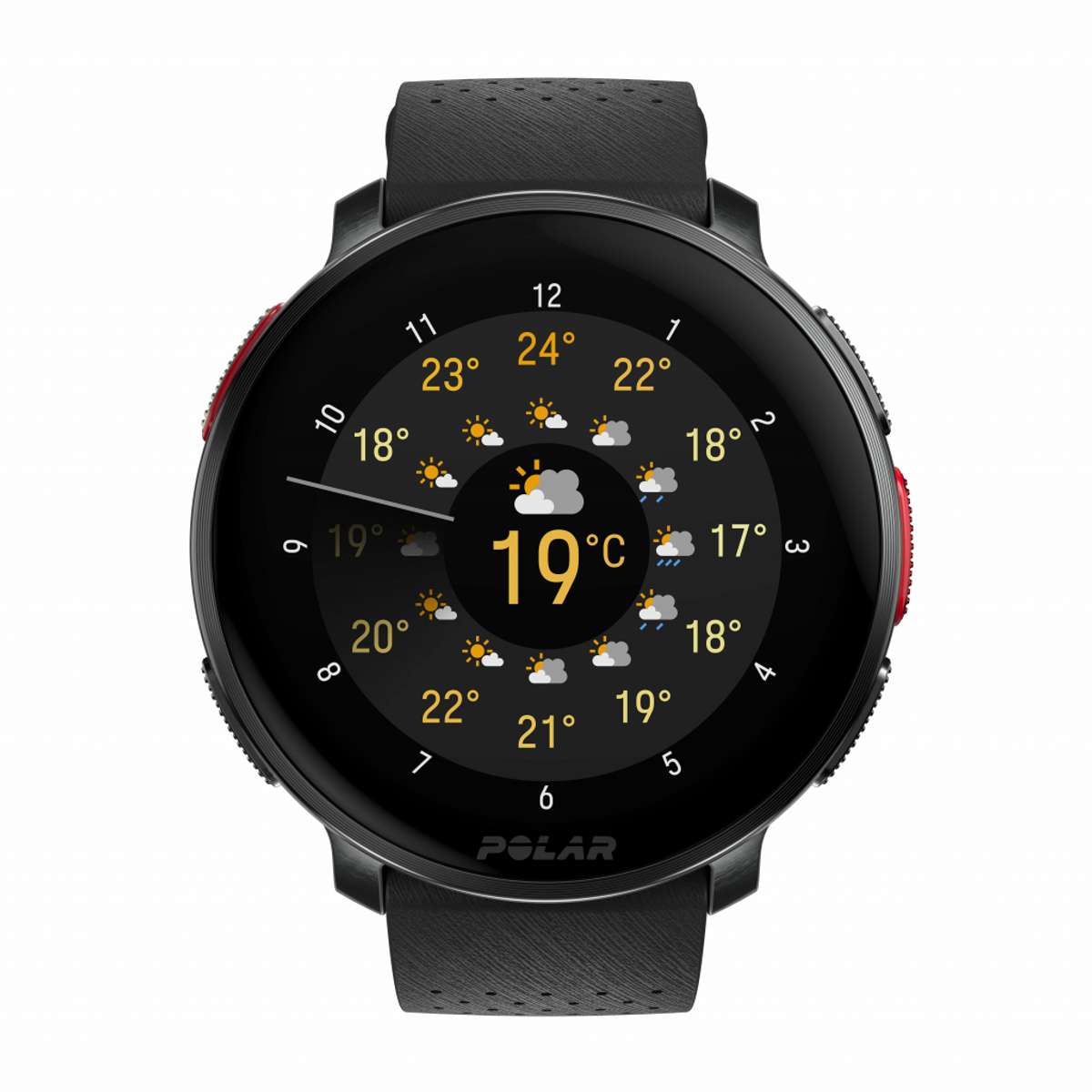 Smartwatch che mostra dati meteo. Mostra temperatura, nuvole, sole e pioggia.
