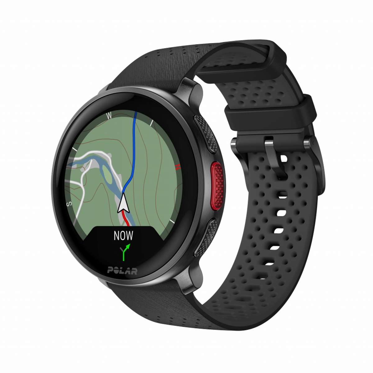 Uno smartwatch del marchio Polar con quadrante rotondo e cinturino nero.
