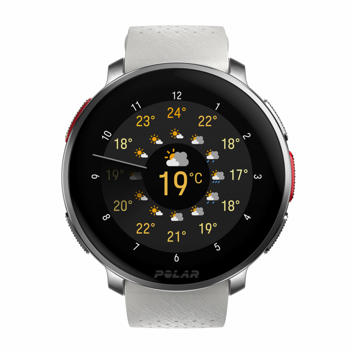 Uno smartwatch Polar con cinturino bianco, che mostra i dati meteorologici, tra cui temperatura e condizioni nuvolose.