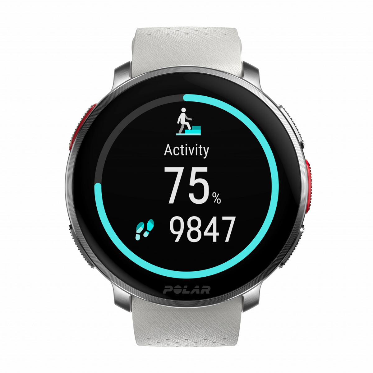 Uno smartwatch Polar mostra dati di attività, 75% di attività e 9847 passi.