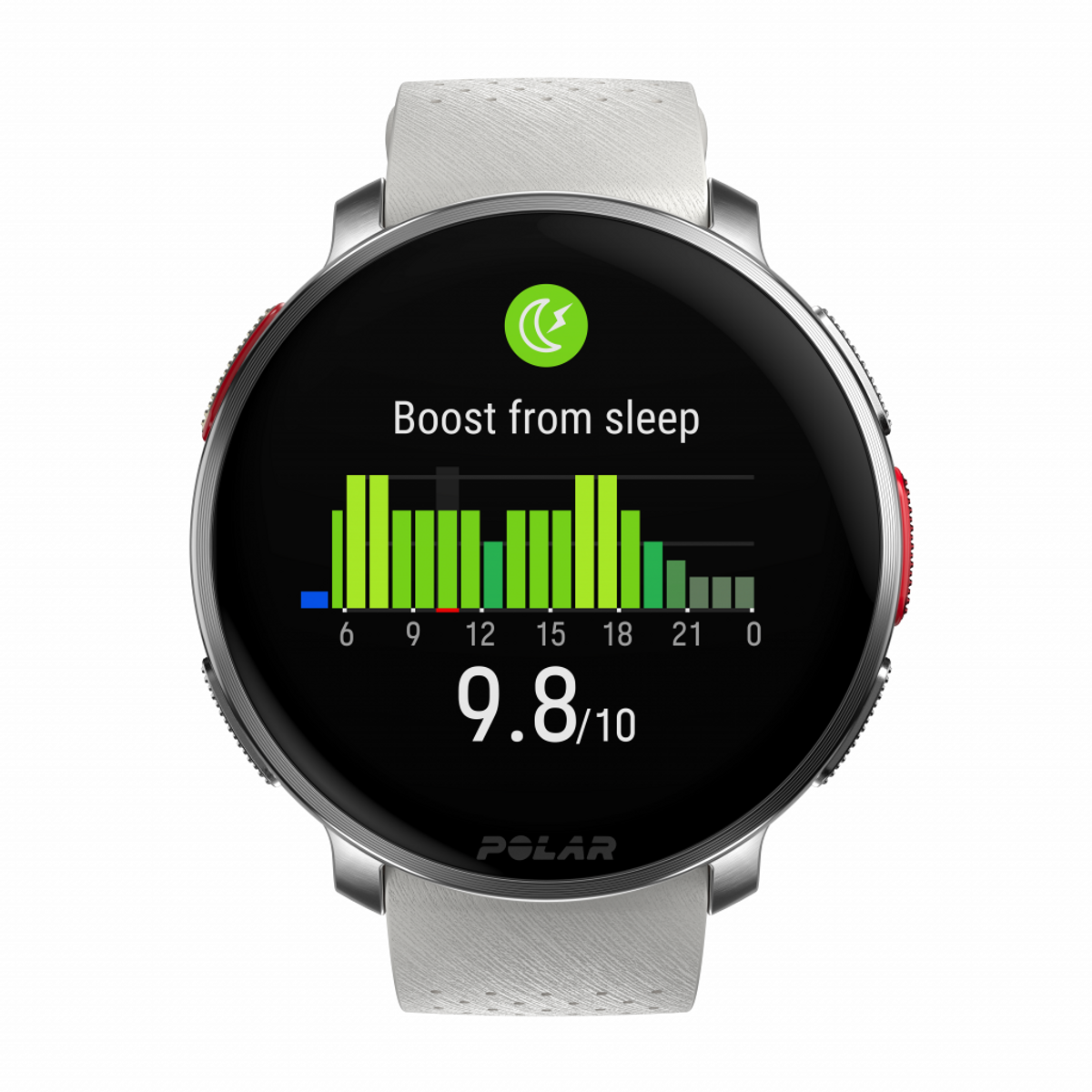 Smartwatch che mostra il grafico dei dati del sonno e punteggio di 9.8/10. Cinturino bianco, lunetta nera, accenti rossi.