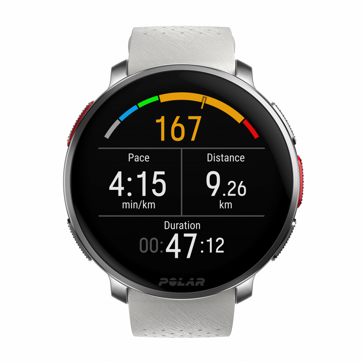 Uno smartwatch nero mostra il ritmo, la distanza e la durata di una corsa. L'orologio è bianco.