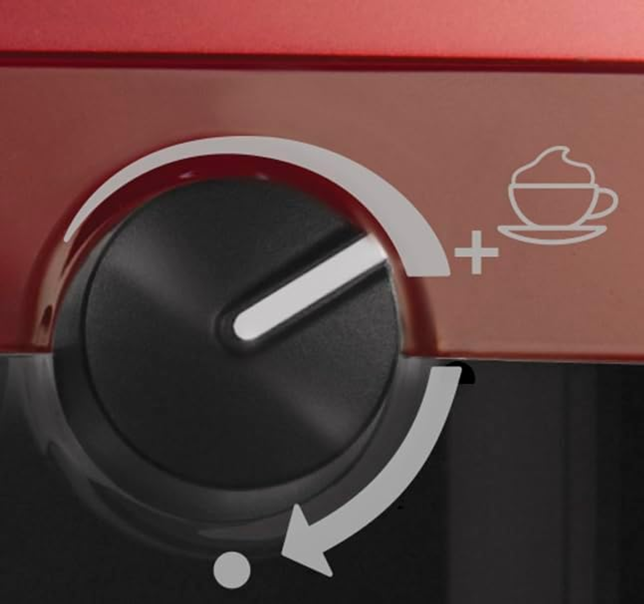 Nahaufnahme eines Kaffeeautomaten-Drehreglers mit Einstellungen für Kaffee und Milchschaum.