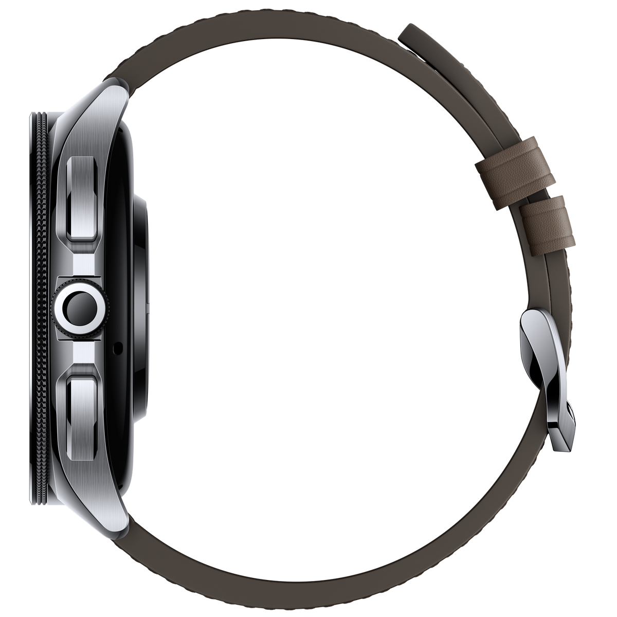Een zijaanzicht van een zilveren smartwatch met een bruine leren band.