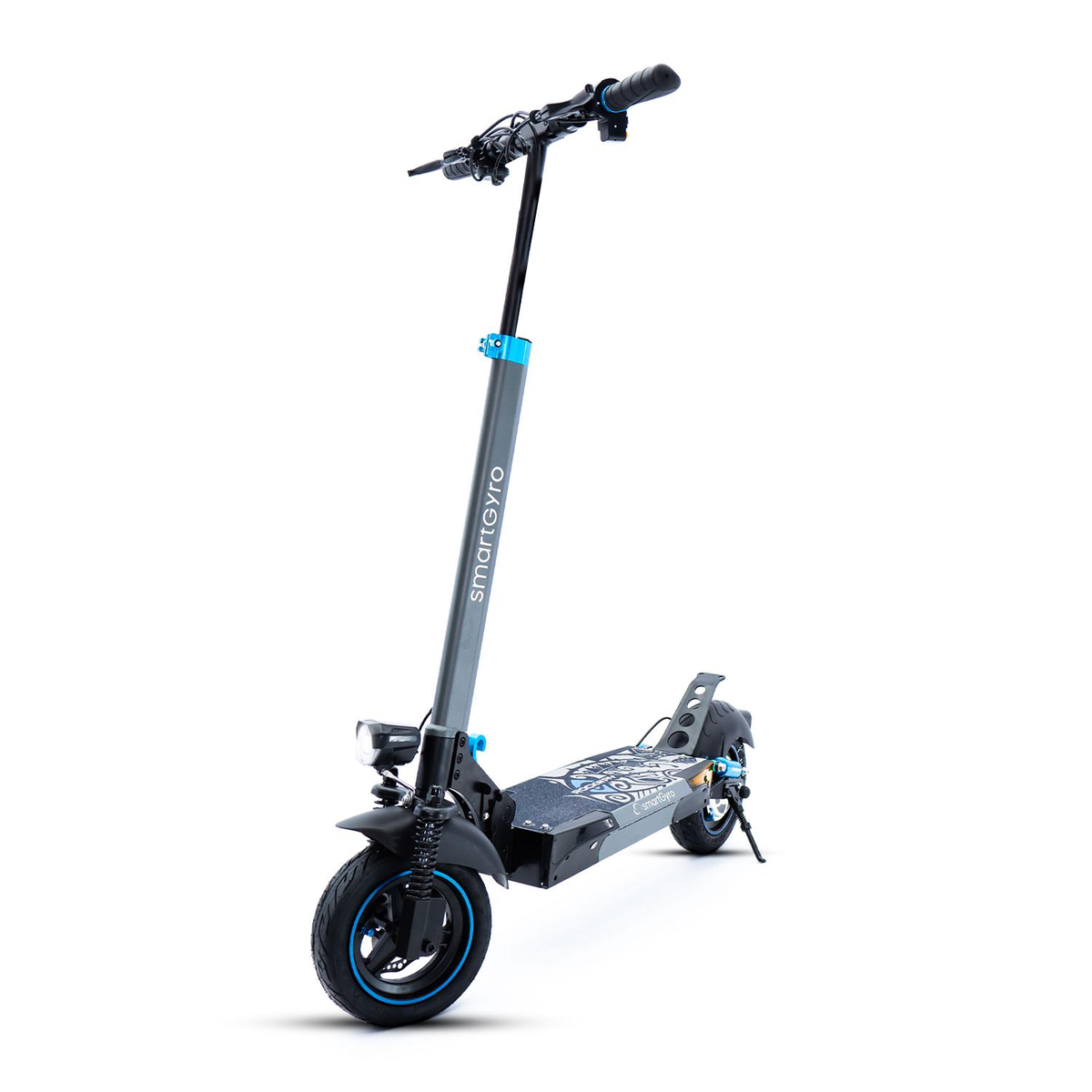 Un patinete eléctrico con dimensiones etiquetadas. Es negro, gris y azul, sobre un fondo blanco.