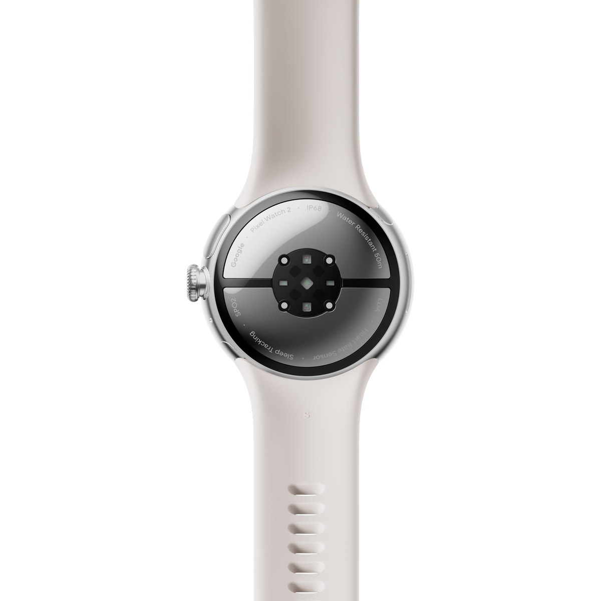Vista posteriore di un orologio bianco con cinturino bianco. Lo schermo mostra il logo Google e altre informazioni.