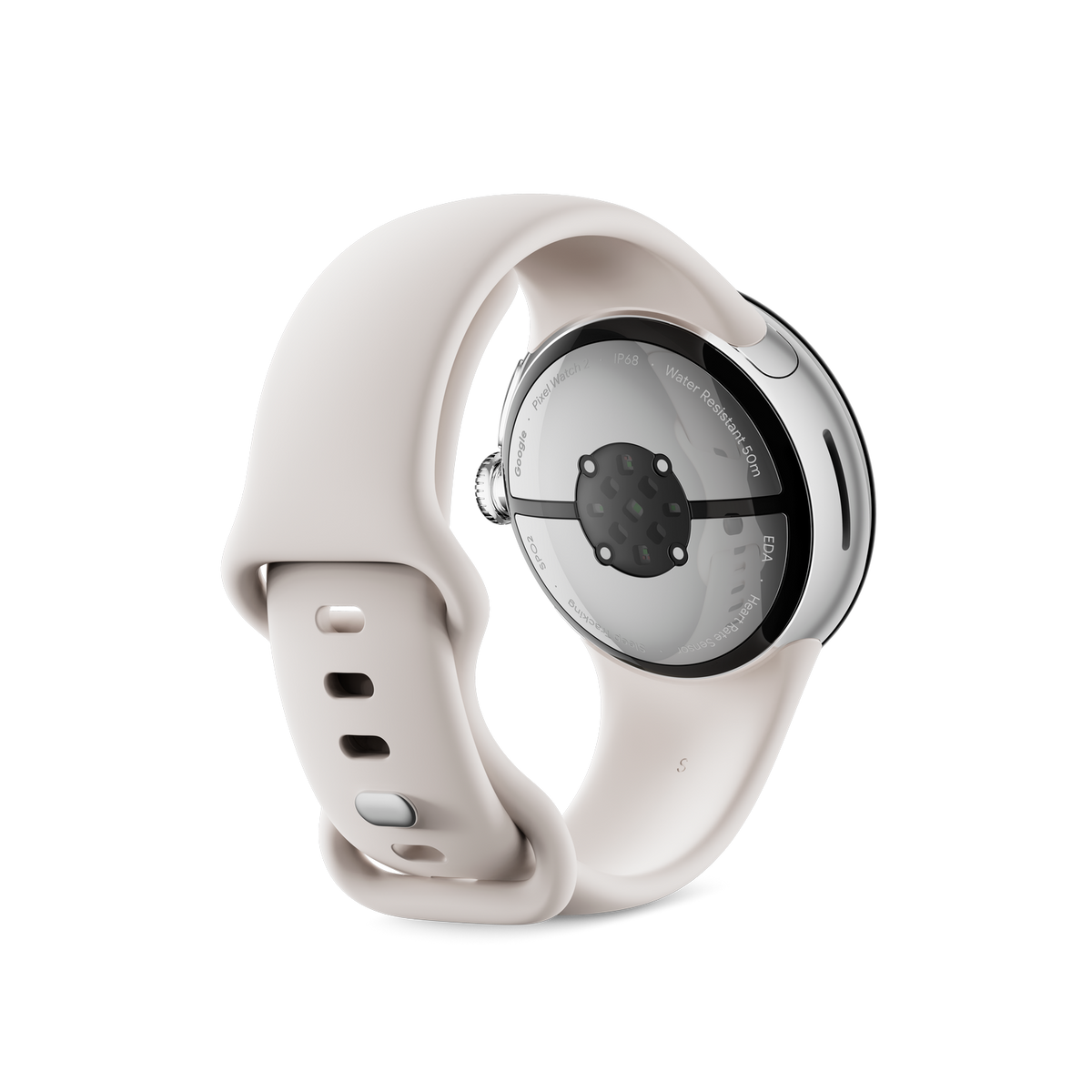 Un smartwatch bianco. Il retro mostra sensori e un attacco per il cinturino.