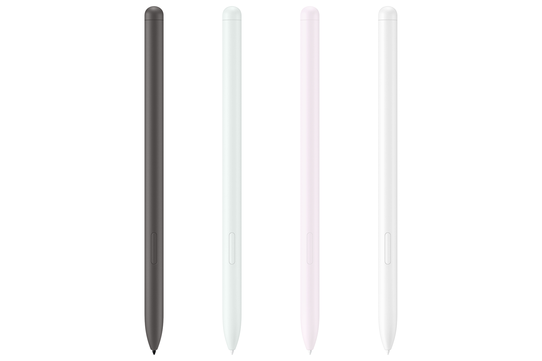 Cuatro lápices de colores: negro, blanco, rosa y blanco. Todos elegantes, con botón lateral.