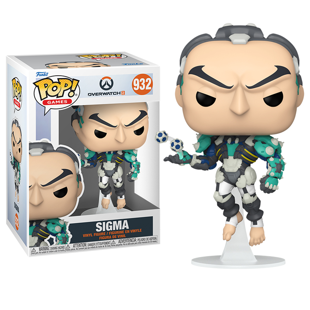 Funko Pop Figur von Sigma aus Overwatch 2. Er trägt einen futuristischen Anzug und hält zwei Kugeln.