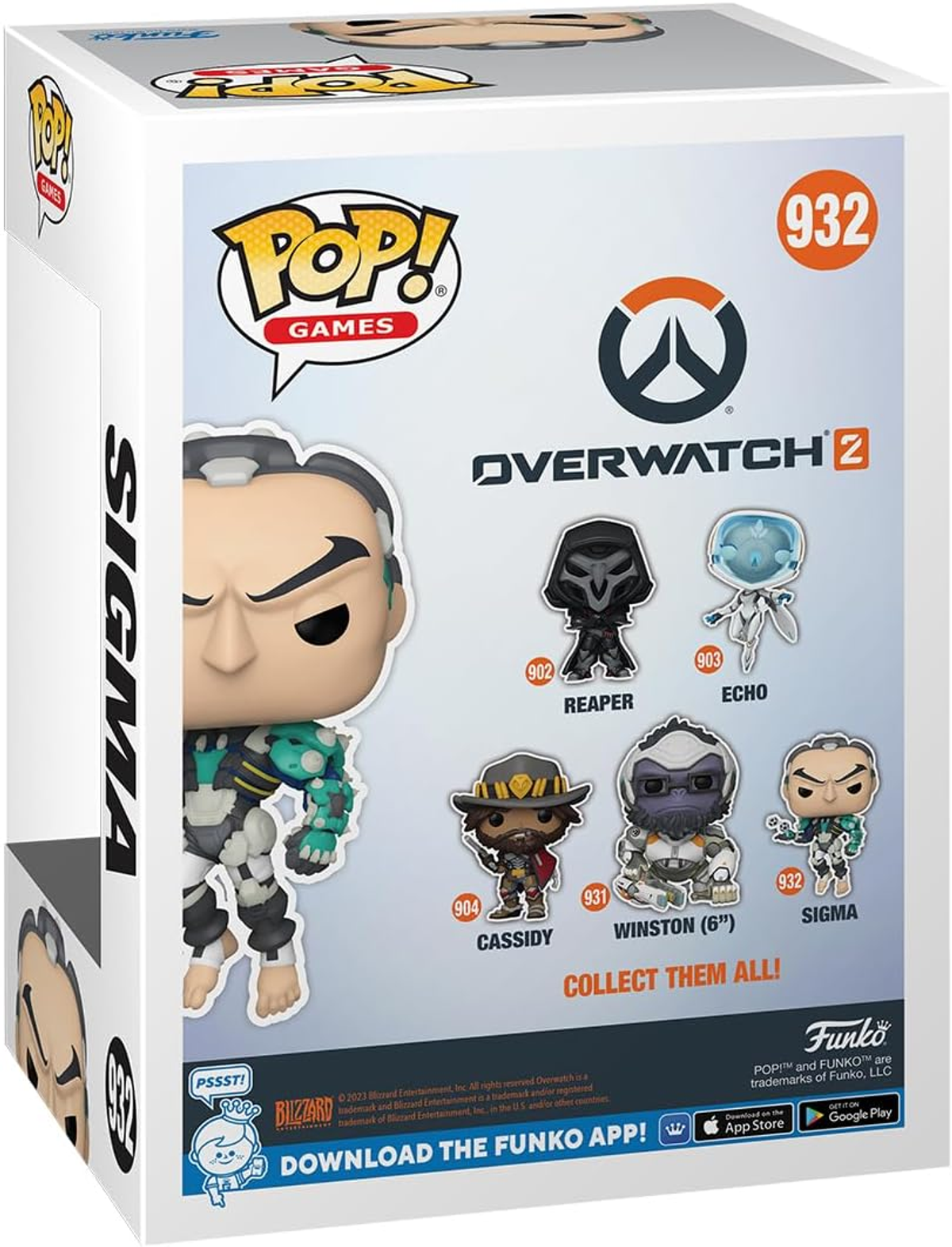 Rückseite einer Overwatch 2 Sigma Funko Pop-Box, die verschiedene Charaktere zeigt. Weißer Hintergrund.