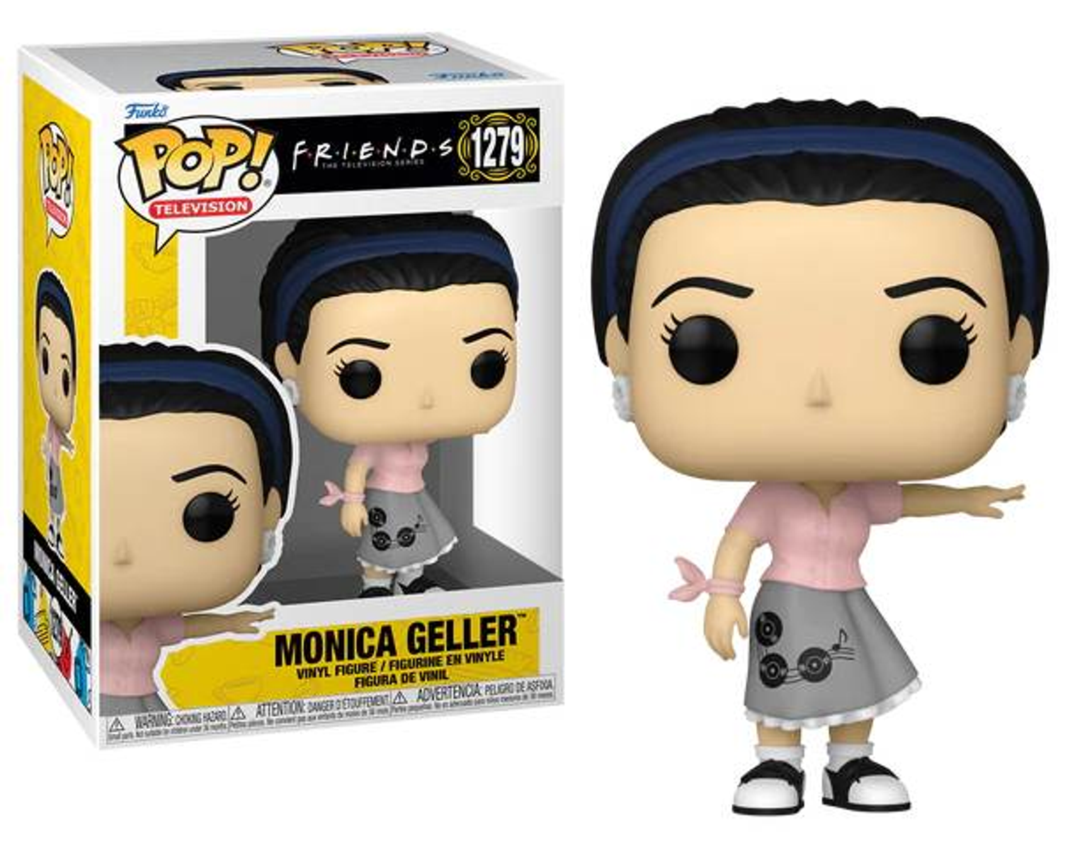 Personaggio Funko Pop di Monica Geller in scatola. Sfondo bianco.