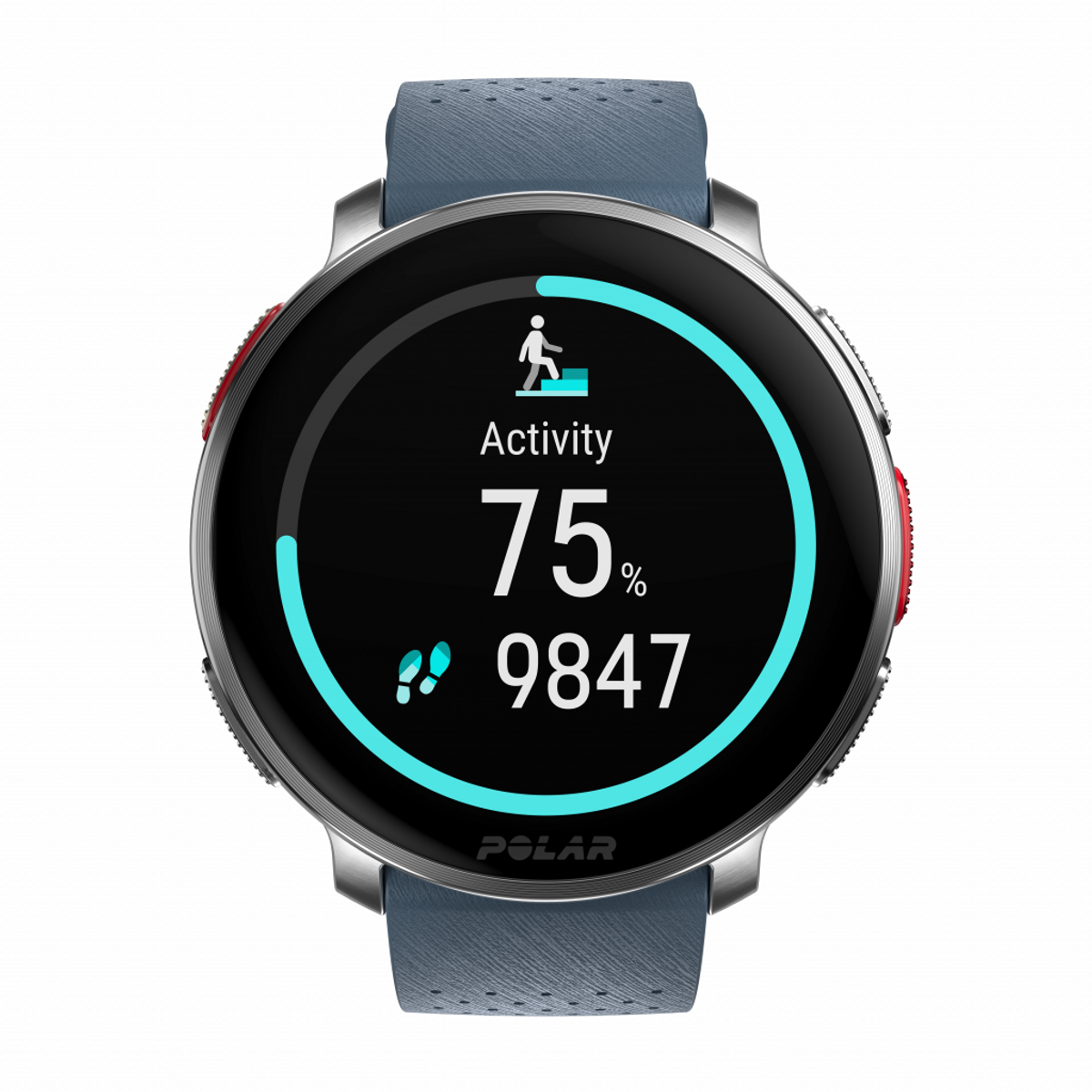 Schermo smartwatch mostra progresso attività al 75%, 9847 passi. Cinturino blu. Logo Polar.