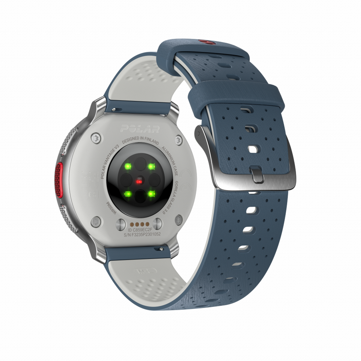 Primo piano del lato inferiore di uno smartwatch, che mostra i sensori e il cinturino con un design blu e bianco.