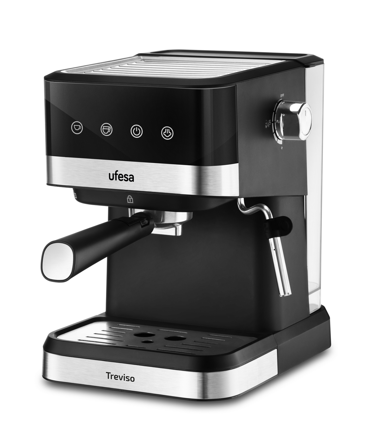 Macchina per espresso Ufesa nera e argento. Manico e pulsanti neri. Testo 'Trevison' in basso.