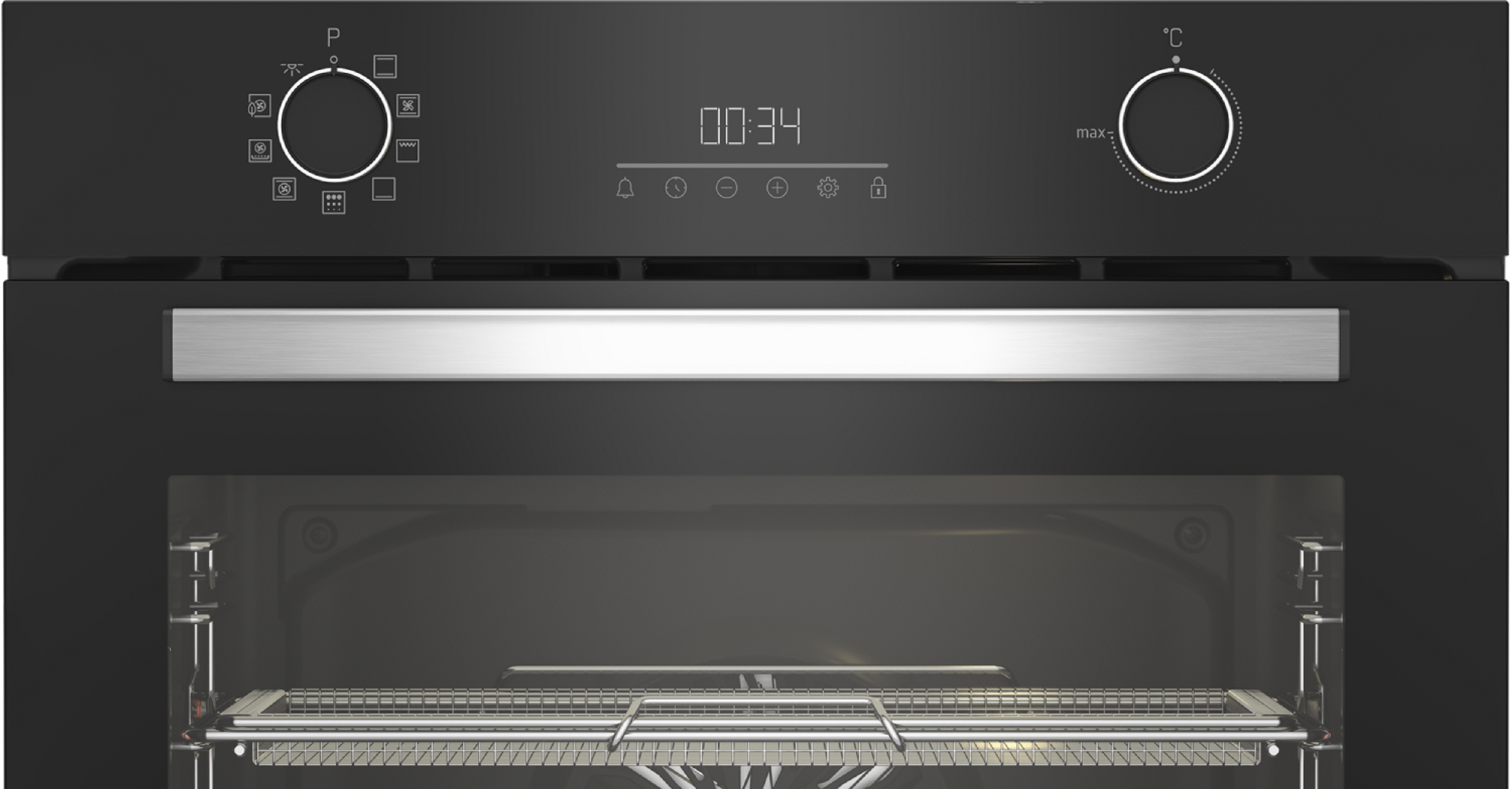Interior de horno negro con panel de visualización, rejilla y controles sobre fondo negro.