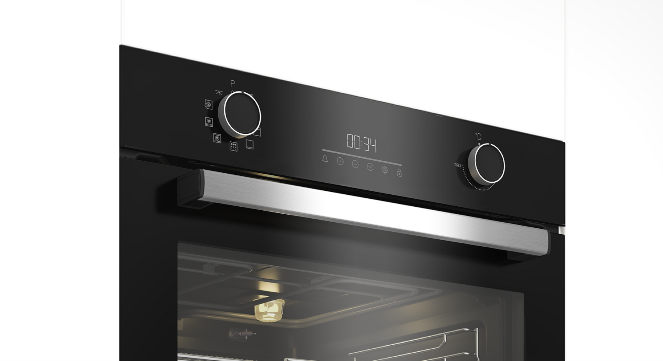 Un horno negro con pantalla digital y perillas. Dentro del horno hay luz.