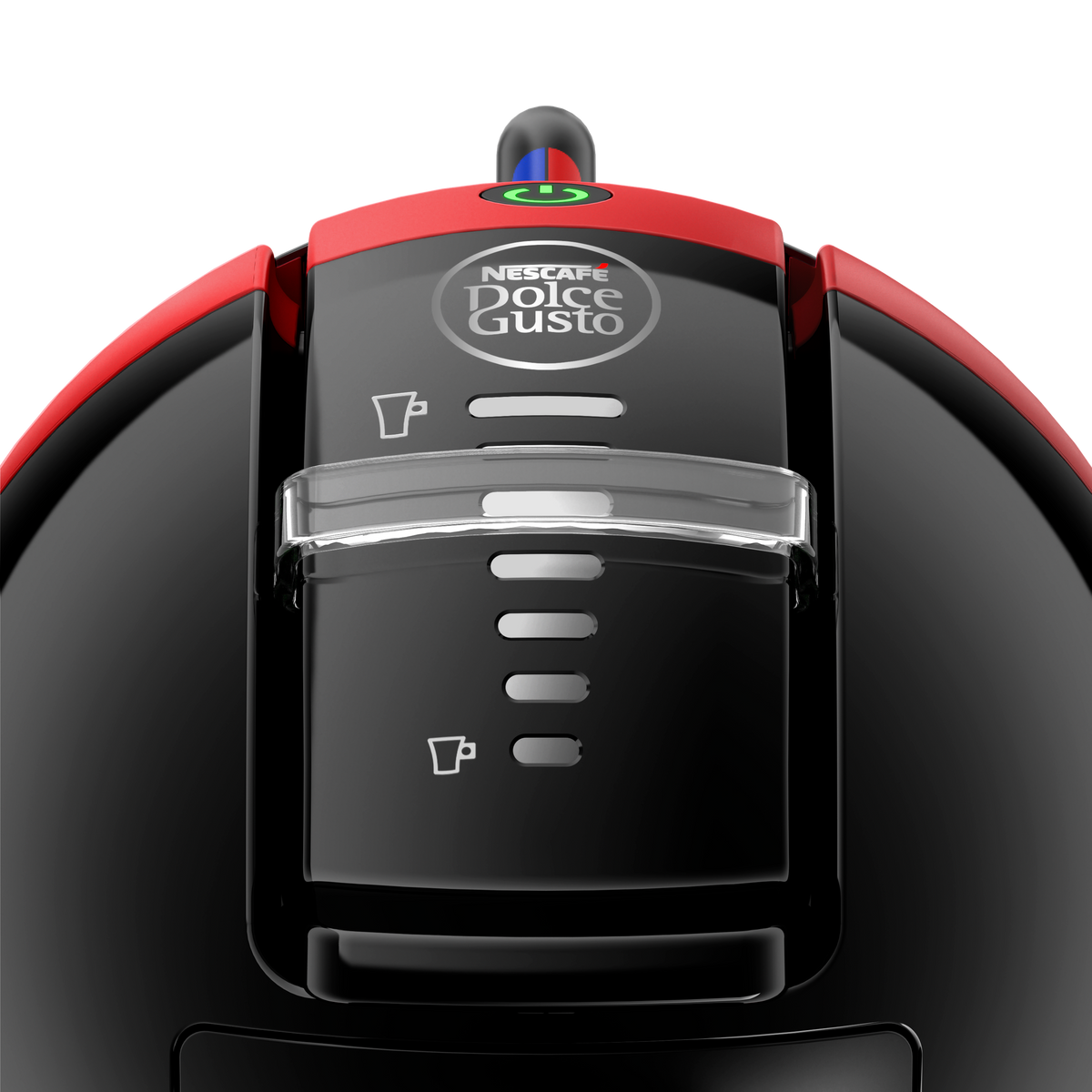 Macchina da caffè Nescafé Dolce Gusto nera e rossa. La parte superiore è rossa, con spie.