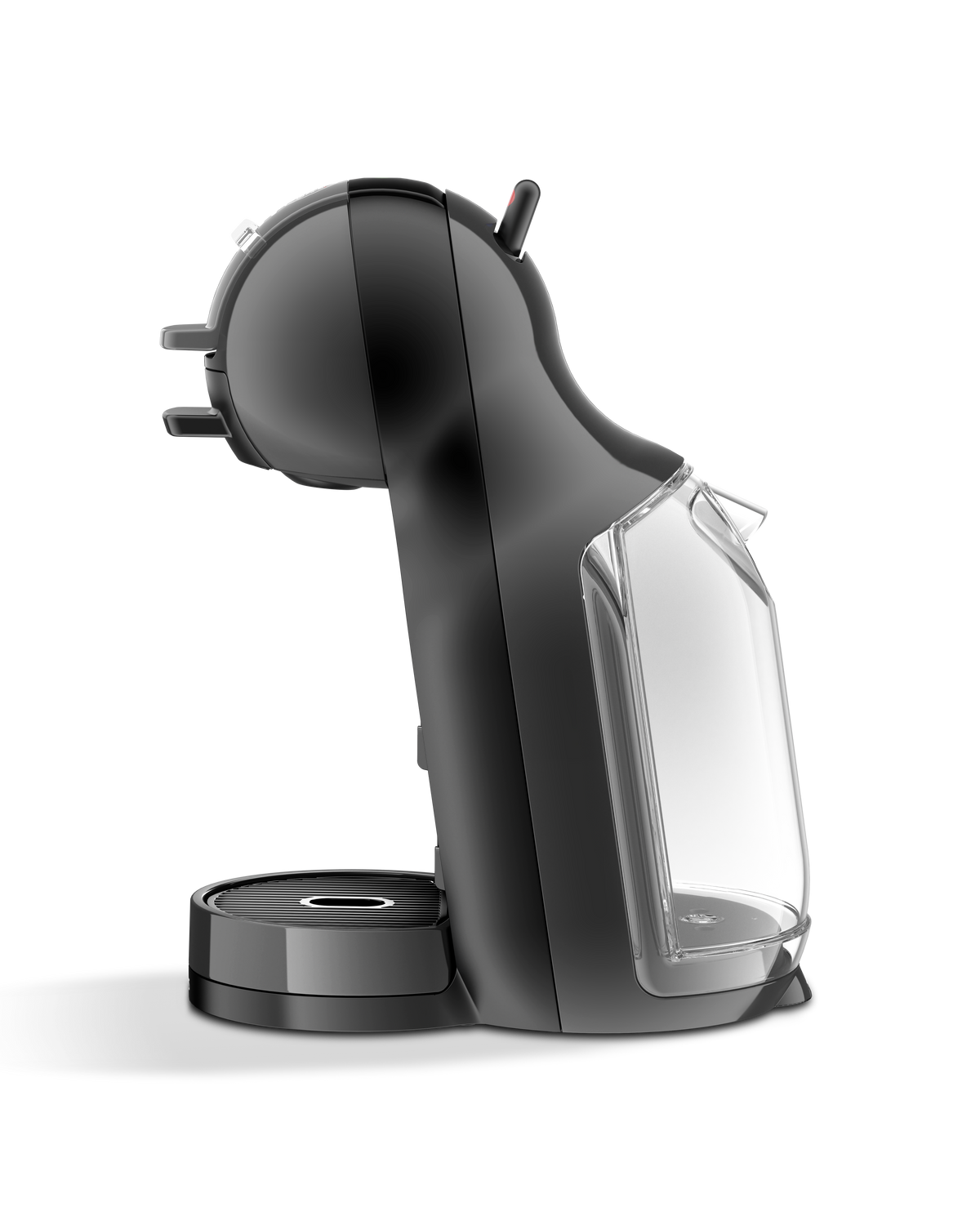 Macchina da caffè nera di profilo su sfondo nero. Serbatoio dell'acqua trasparente.