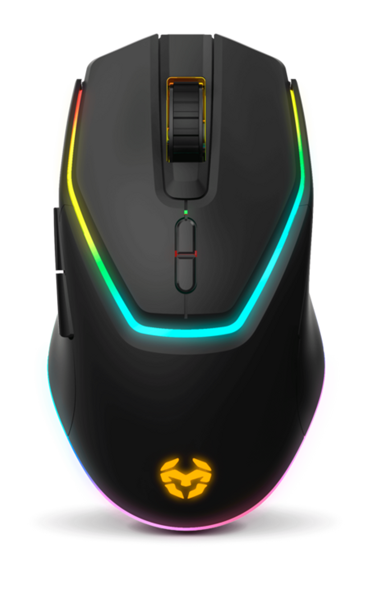 Mouse da gaming nero con illuminazione RGB, che mostra diversi pulsanti e un logo.