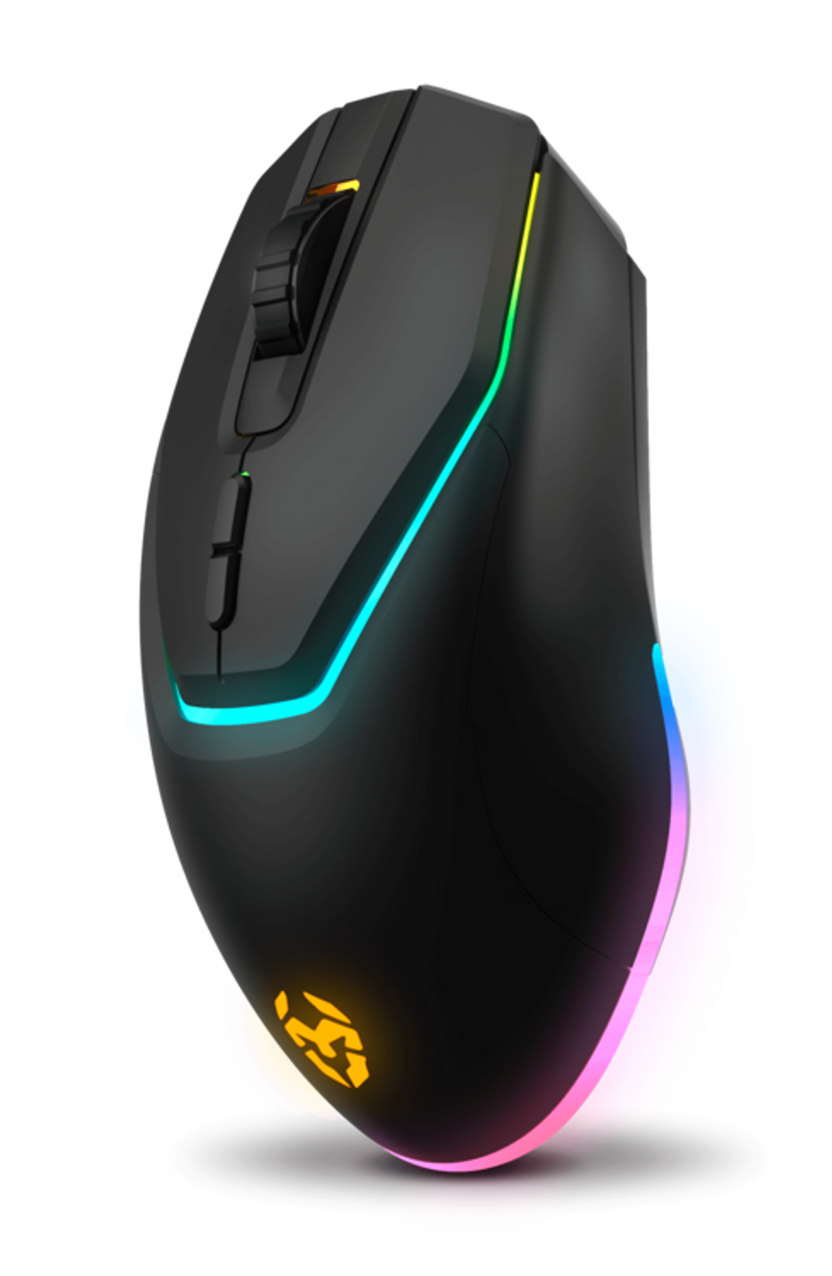 Mouse gaming nero con illuminazione RGB su sfondo scuro.