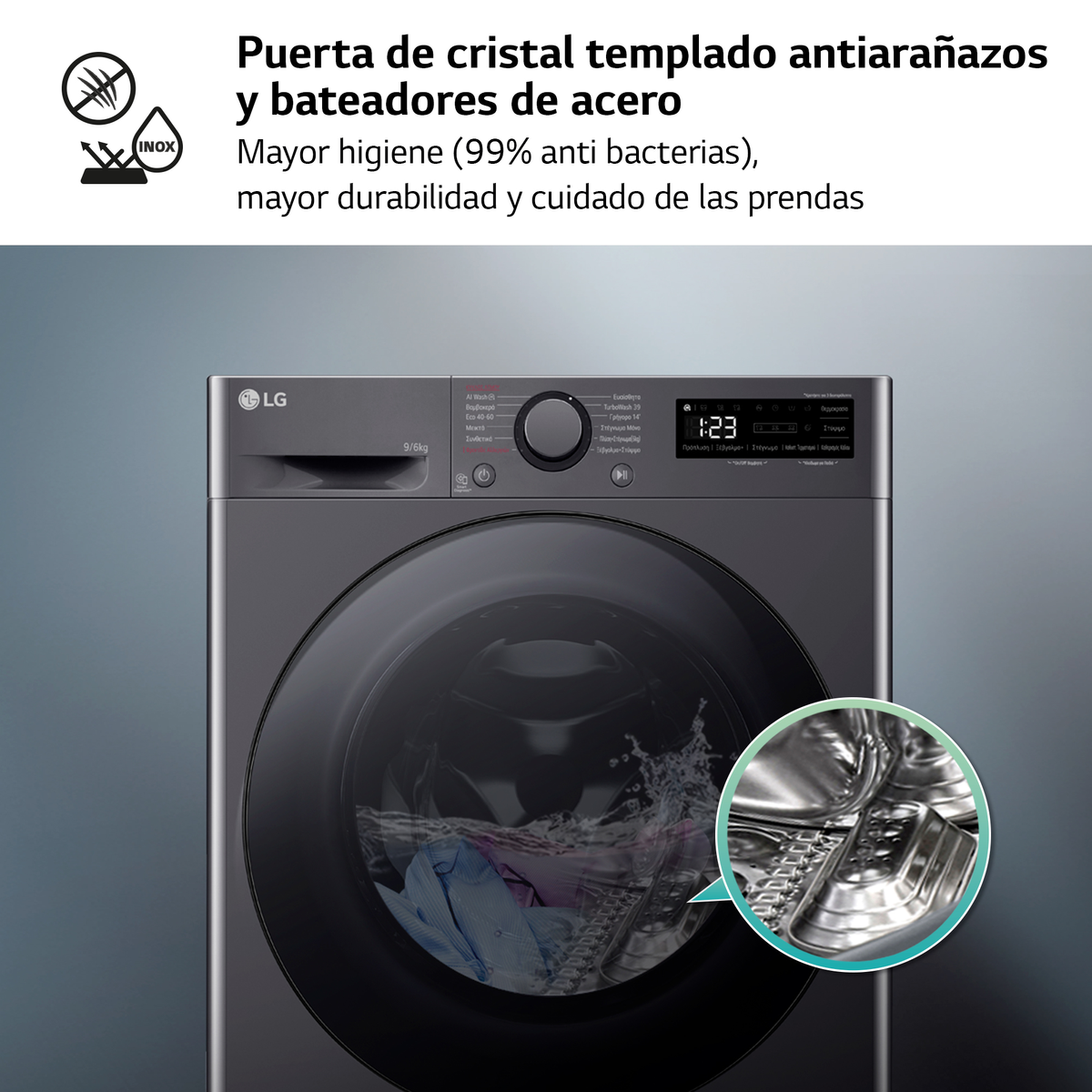 Una lavatrice LG grigio scuro. Il testo recita 'Puerta de cristal templado antiarañazos' e 'Inox'.
