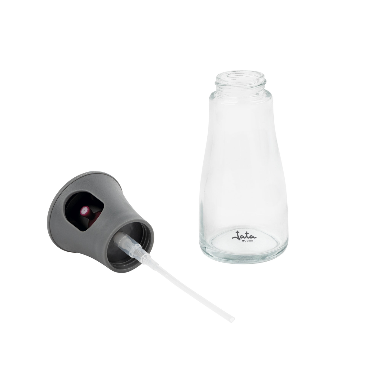 Botella de vidrio transparente con logo y rociador gris. Aislado en blanco.