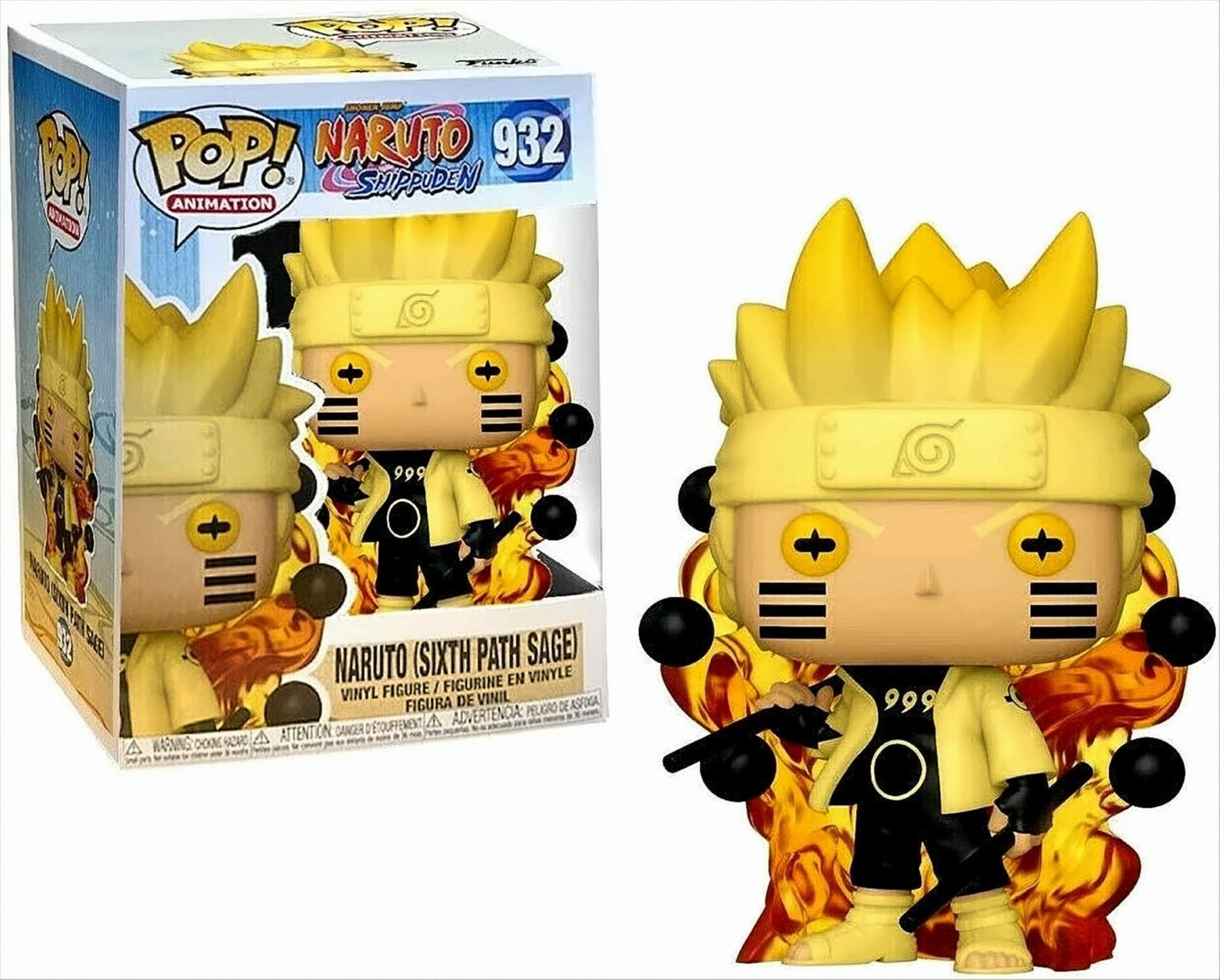 Naruto-Figur mit Flammen. Gelbe Haare, schwarze Augen. In der Box. Figur Nummer 932.