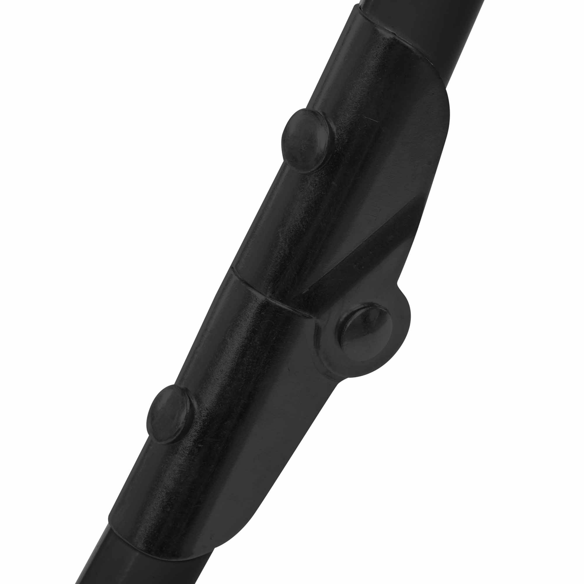 Primer plano de una bisagra de plástico negro con dos botones redondos negros, probablemente para plegar.