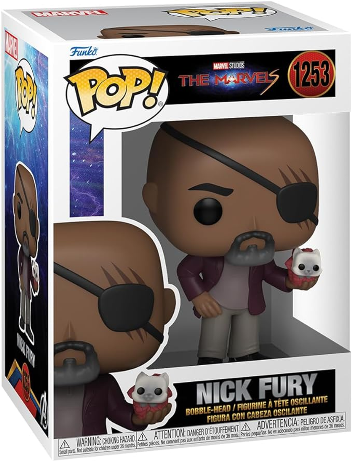 Figura Funko Pop di Nick Fury. Tiene una figura di gatto in una scatola Marvel.