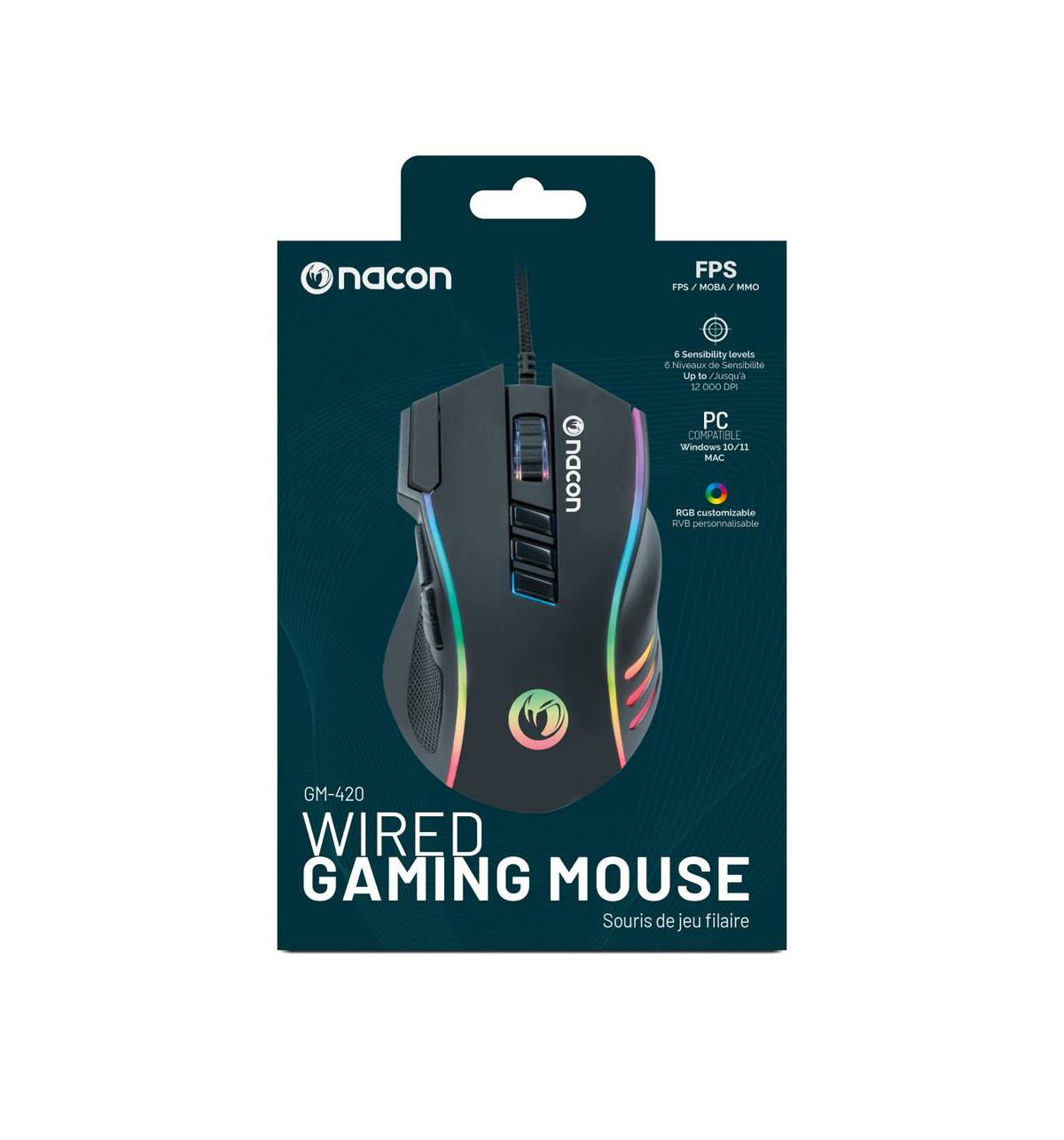 Czarna mysz do gier na opakowaniu. Mysz ma światła RGB, opakowanie specyfikacje.